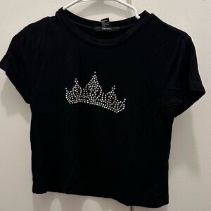 Black Cropped Tee with Bedazzled Tiara